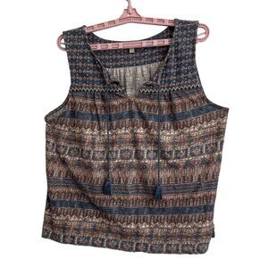 Lucky Brand Womens Sleeveless Boho Top XL Blue & Brown Cotton Blend Earthy Fairy